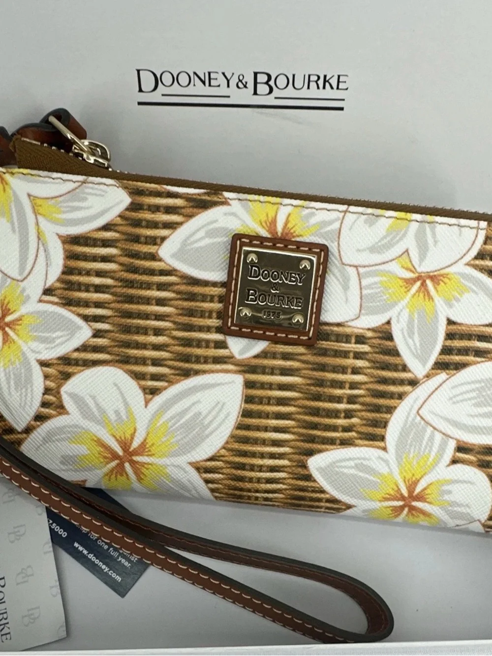 Dooney & Bourke Brown Wicker Floral Wristlet with Yellow Accents